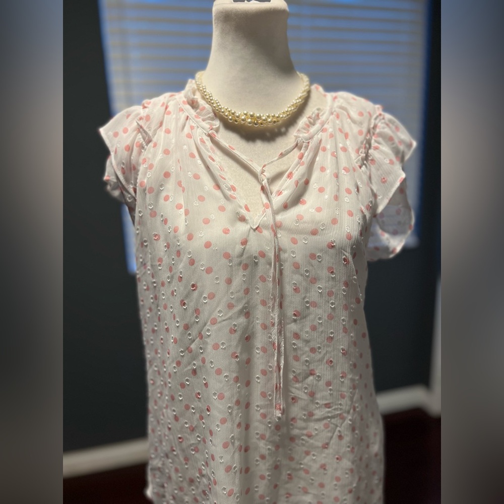 NWOT Pink Polka Dot Blouse With Ruffled Sleeves. Size M
